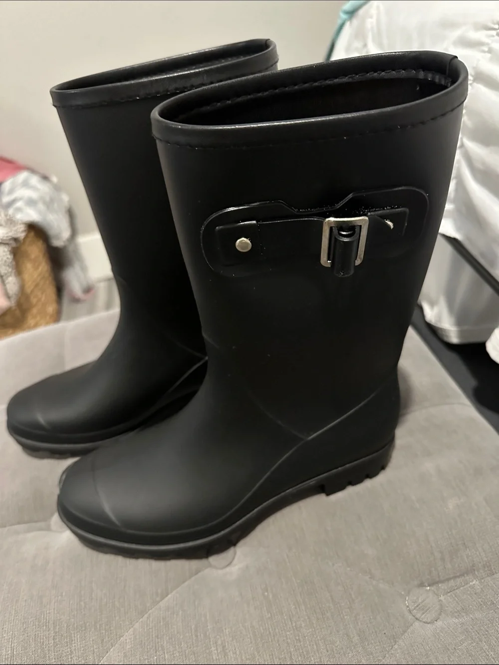 Women's Black Waterproof Mid-Calf Rain Boots with Buckle Accent